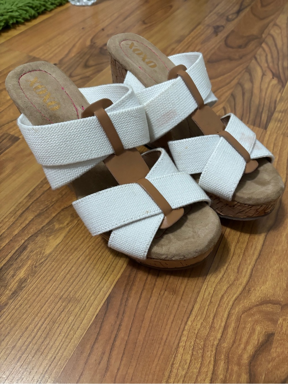 XOXO White Canvas Crisscross Cork Platform Wedge Sandals with Tan Accents